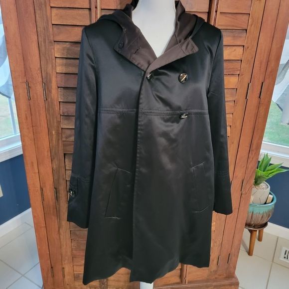 Larry Levine Sport long coat jacket black with brown lining gold buttons‎ sz med - Picture 2 of 8